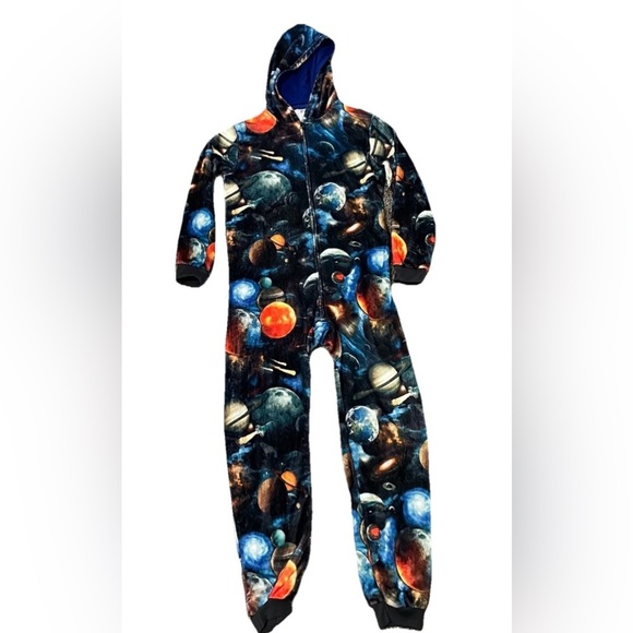 Boys Size 16 Fleece Pajamas Lot of 2 One Piece Blue Space & Food Print - Picture 3 of 7